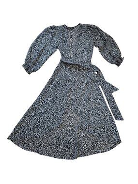 Ela Floral Midi Dress Black White Puff Sleeve Tie Waist Sheer Size 8.